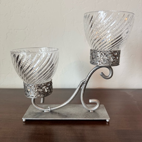 Vintage Iron and Glass Globe Hurricane Candle Holder Large Centerpiece Brutalist